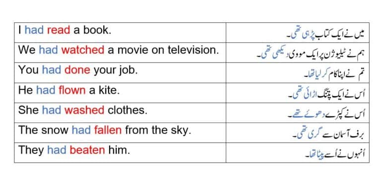Example sentences of Past Perfect Tense in Urdu