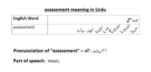assess, assessed, assessment meaning in Urdu with examples