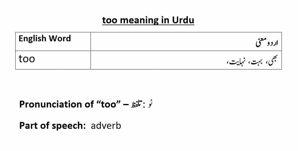 Too Def too meaning in Urdu with examples, definition, and pronunciation